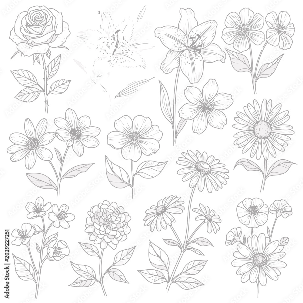 Obraz premium Detailed collection of hand drawn line art flowers and botanical sketches on white background with botanical sketches illustration decorative collection detailed engraving delicate isolated
