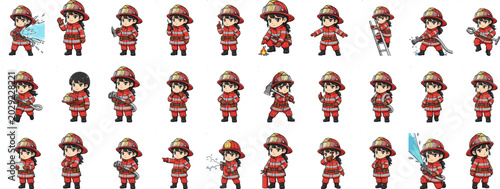 Schilderij op canvas Diverse Poses of a Female Firefighter Character in Action, Pixel Art Style, Isol