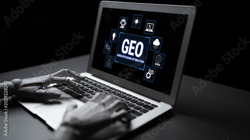 Photos Futuristic Technology Concept with Robotic Hand Typing on Laptop Showing Geo Information and Communication Software Design Elements Fluxor