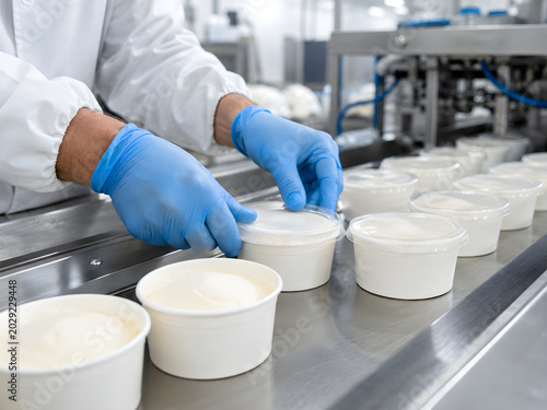Worker Hands Sealing Ice Cream Cups with Plastic Lids