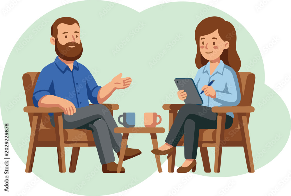 Obraz premium Man and woman in chairs with coffee discussing something during a session, possibly therapy or counseling, with notepad and pen
