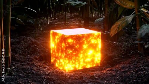Mysterious Glowing Cube Illuminates Dark Forest Floor at Night.