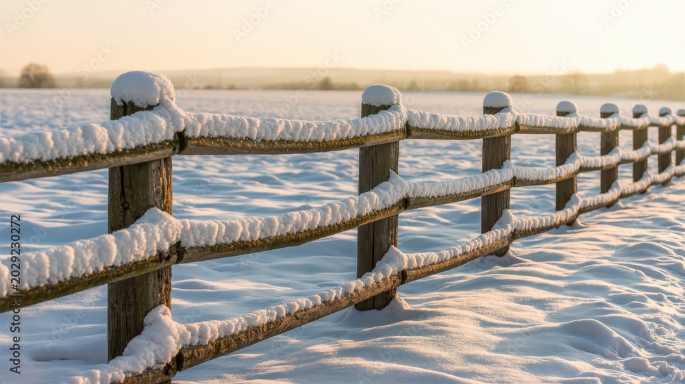 Fototapeta premium Snow-covered wooden fence along frozen lake during winter sunrise