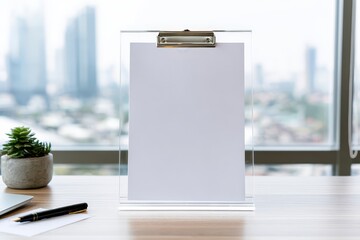 Modern office desk with a clear clipboard holding blank paper and a succulent plant against city skyline.