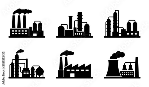 Photos Industrial Factory Silhouettes, Manufacturing Plant Icons, Production Facility V