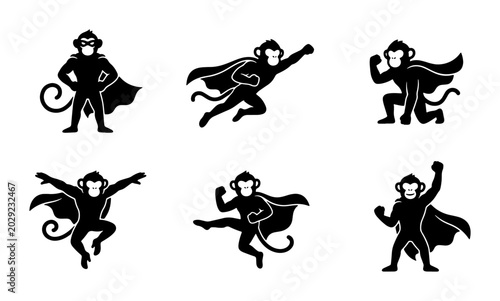 Photography Superhero Monkey Vector Icons Set, Dynamic Poses, Black Silhouette, Playful Anim