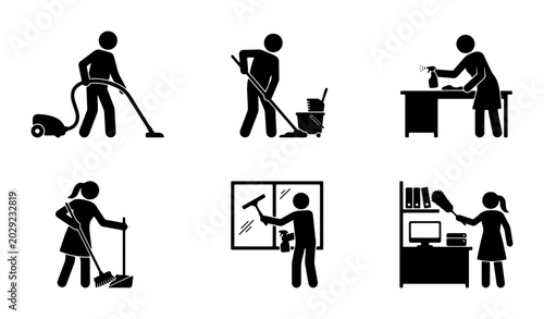 Photos Set of 6 Cleaning Icons, Vector Graphics: Housekeeping, Janitorial Services, Hom