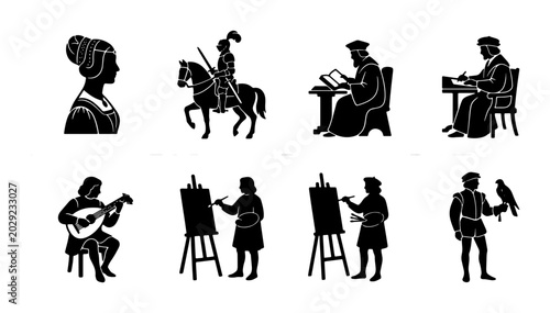 Schilderij op canvas Historical Figures Vector Silhouettes: Renaissance Man, Knight, Artist, Musician