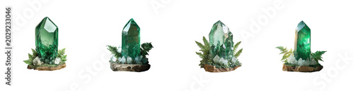 Four green crystal clusters isolated on transparent background