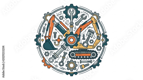 Construction machinery parts assembled in a circular pattern.