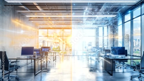 Modern Office Space with Futuristic Digital Overlay.