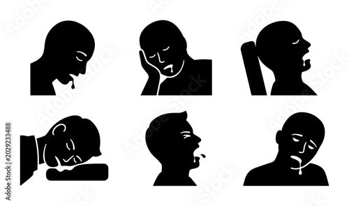 Schilderij op canvas Sleepy and Tired Human Icons, Set of 6 Vector Silhouettes depicting drowsiness, yawning, and drooling, representing fatigue and exhaustion for health and lifestyle concepts
