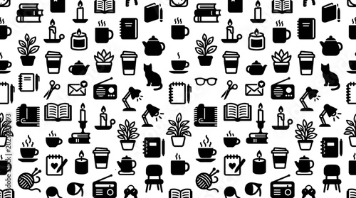 Black icons of office supplies and objects.