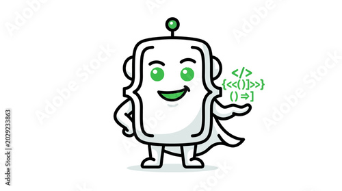 Smiling cartoon robot with code.