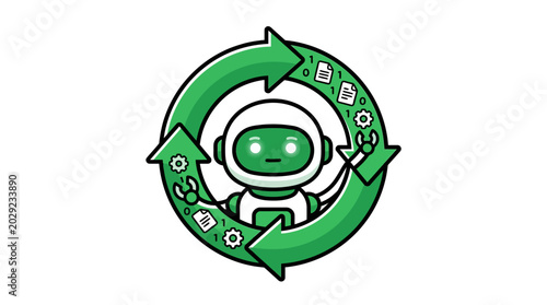 Green robot with recycling symbol.