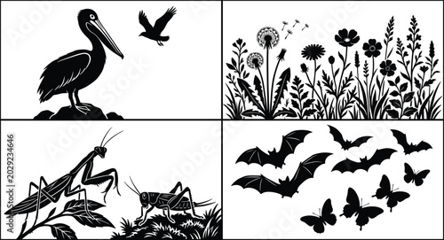 Canvas Print Collection of nature silhouettes featuring pelican birds wild flowers dandelions praying mantis grasshopper bats and butterflies vector illustrations for wildlife conservation and outdoor decor