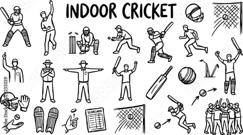 Fotografie Indoor Cricket Icon Set: Black and White Line Art Illustrations for Sports  Recr