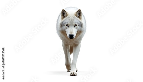 Photorealistic white wolf walking towards camera isolated on white background