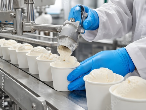 Worker Hands Filling Ice Cream Cups on Factory Production Line