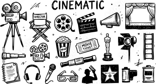 Foto Cinematic Movie Industry Icons: Black and White Line Art of Film Production and