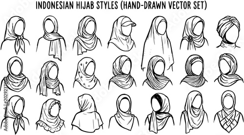 Schilderij op canvas Indonesian Hijab Styles Hand-Drawn Vector Set, Muslim Women Headscarf Fashion