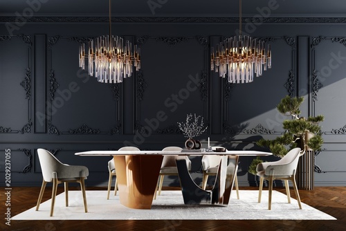 3D Render of Dark Classic Dining Interior With Chandeliers