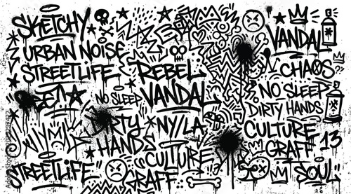 Obraz na płótnie Urban graffiti wall collage with various tags and street art elements