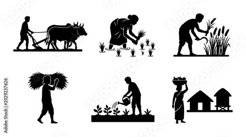 Schilderij op canvas Rural Farming Silhouettes: Agricultural Labor, Cultivation, Harvest, and Village