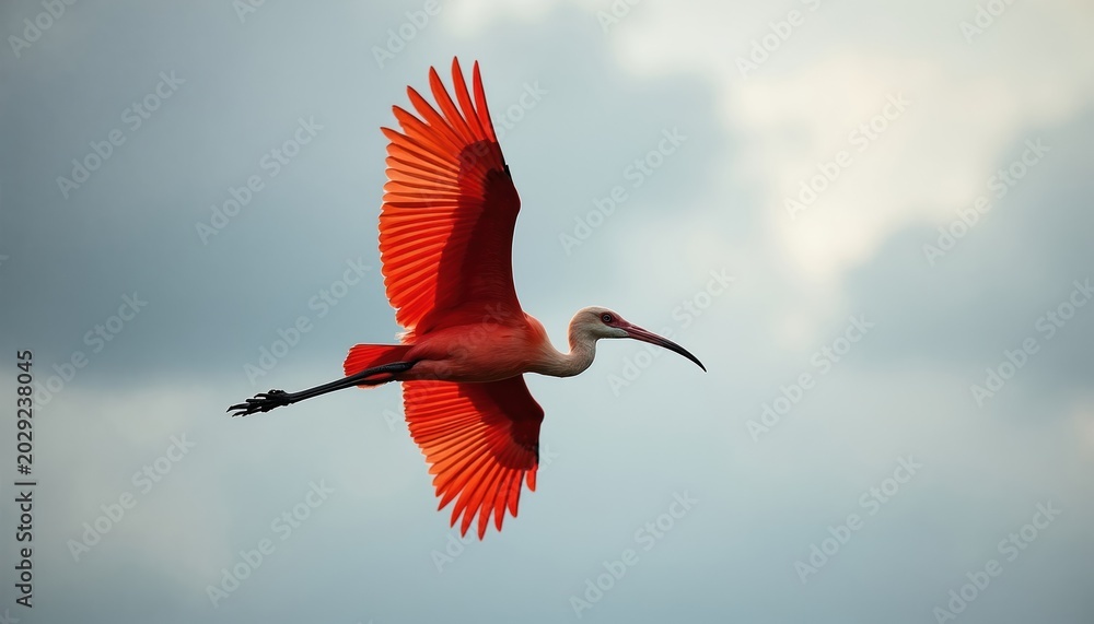Naklejka premium Scarlet ibis bird flies in sky with wings spread open. Bright red bird has long beak and slender legs. Wildlife animal soars with cloudy background.