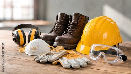 Personal protective equipment including yellow hard hat, work boots, goggles and respirator mask on wooden table.