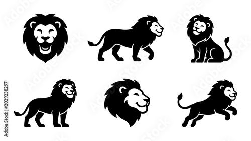 Photography Set of Six Black Lion Vector Icons, Majestic Big Cat Silhouettes for Wildlife Br