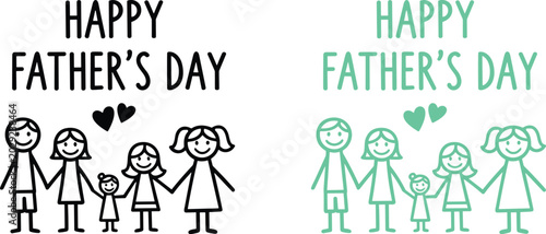 Obraz na płótnie Happy Father's Day stick figure family celebration with hearts in black and teal