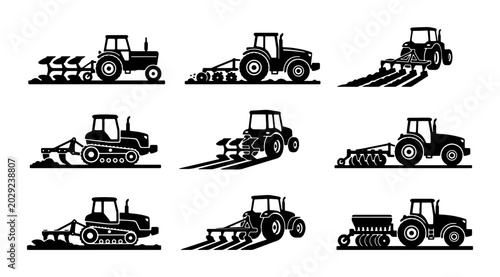 Tableau sur toile Set of 9 Black and White Tractor Icons, Agricultural Machinery Vector Illustrati