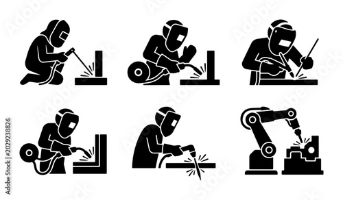 Bilde på lerret Welding Icons Set: Industrial Process, Robotic Arm, Manual Labor, Metal Fabricat