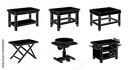 Konstfotografi Set of 6 Black Silhouette Work Tables and Benches, Industrial Furniture Collecti