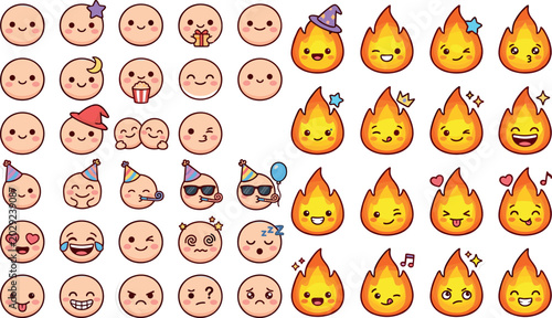 Cute emoji stickers mega set featuring happy cartoon face avatars and expressive little fire character mascots vectorCute emoji stickers mega set featuring happy cartoon face avatars and expressive li