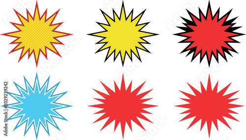 Retro comic starburst badges set colorful explosion burst stickers for sale promo offer price tags vectorRetro comic starburst badges set colorful explosion burst stickers for sale promo offer price t