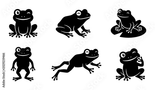 Valokuva Set of Six Black Frog Silhouettes, Winking Amphibian Icons, Cute Pond Creature V