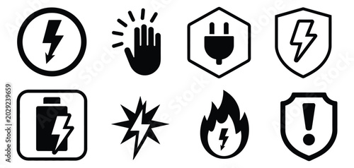 Schilderij op canvas Electric shock warning icon collection with power hazard and high voltage safety symbols in vector style