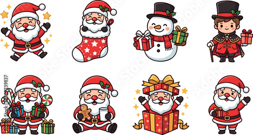 Cute Christmas Vector Character Set Featuring Santa Claus Snowman and Nutcracker Prince with Gift Boxes Candy Canes and Holiday Stocking for Festive Graphic DesignsCute Christmas Vector Character Set 