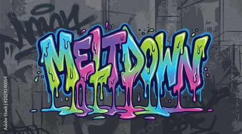 Photos Meltdown graffiti lettering with dripping paint effect on a textured urban wall