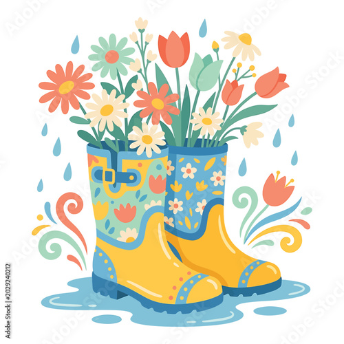 Cuadro en lienzo Yellow Rain Boots with Colorful Flowers 1.