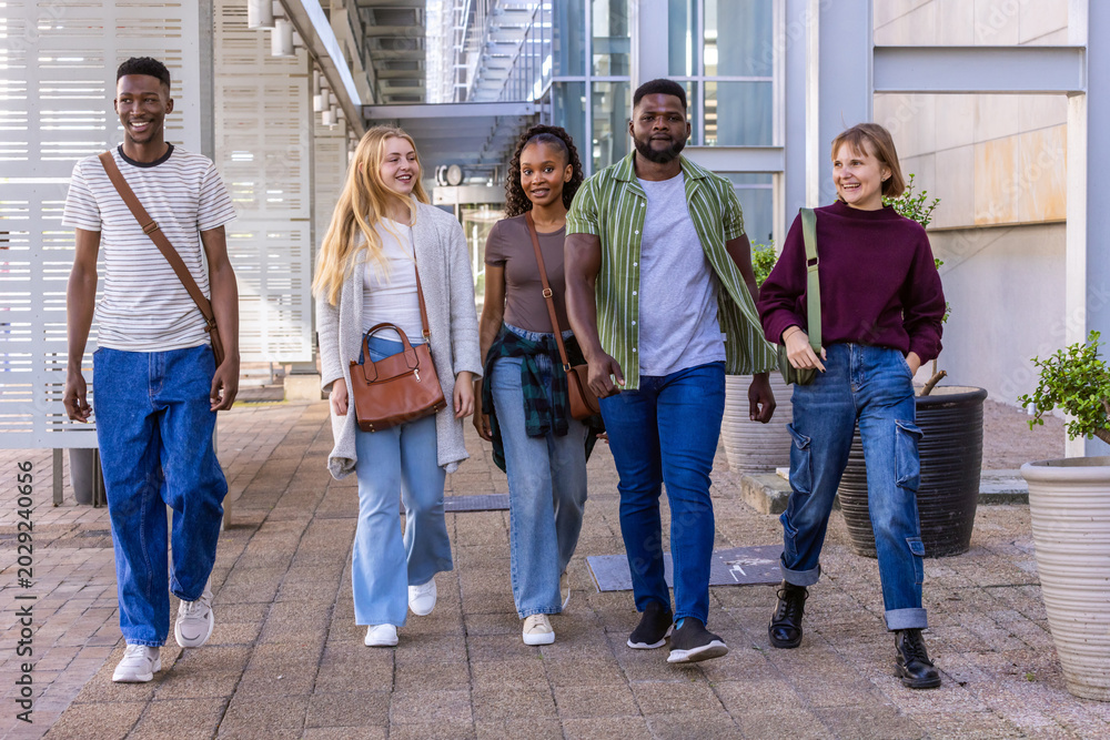 Obraz premium Diverse students walking side-by-side on paved campus walkway carrying crossbody bags and flannel