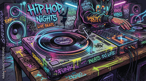 Canvastavla Graffiti style illustration of a dj playing music on a turntable with neon light