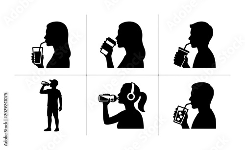 Valokuva Diverse Silhouette Icons: People Drinking Beverages, Refreshment, Hydration, Thi