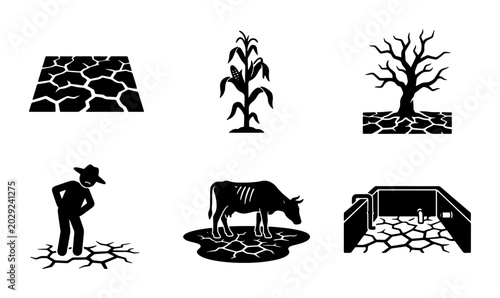 Tableau sur toile Drought Icons Set: Cracked Earth, Dead Tree, Farmer, Starving Cow, Dry Well, Cor