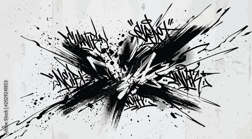 Photos Complex graffiti lettering composition with abstract ink splashes and dynamic li