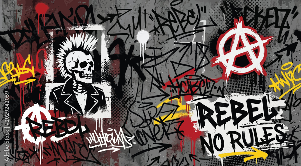 Φωτογραφία Punk rock rebel graffiti background with skull and anarchy symbol