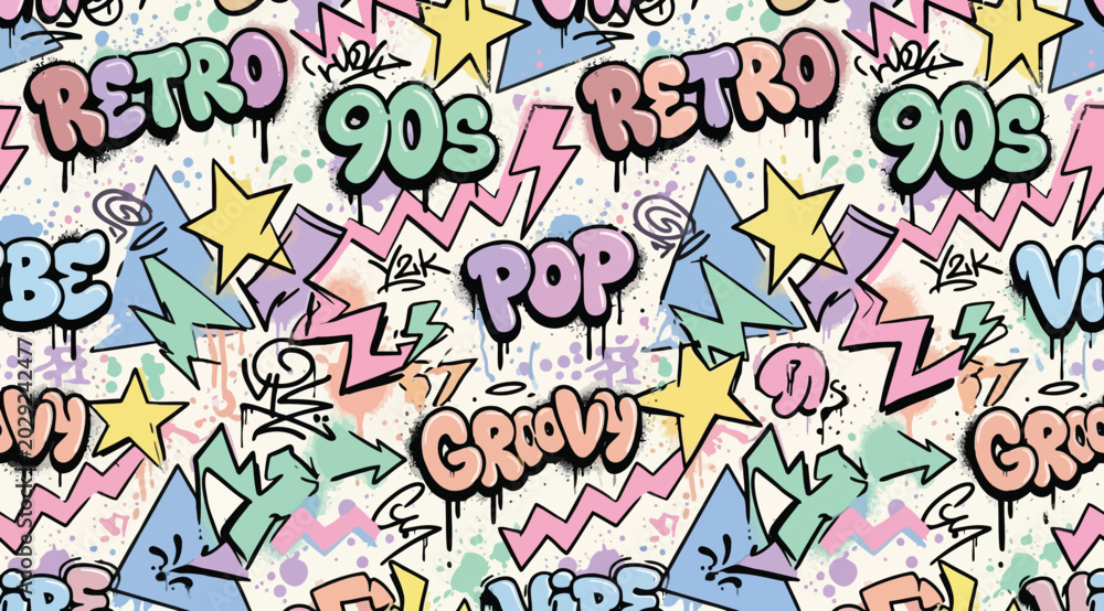 Fototapeta premium Retro 90s graffiti pattern with stars and pop culture text