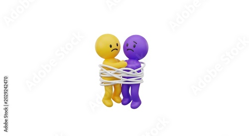 Sad characters tied together with white rope